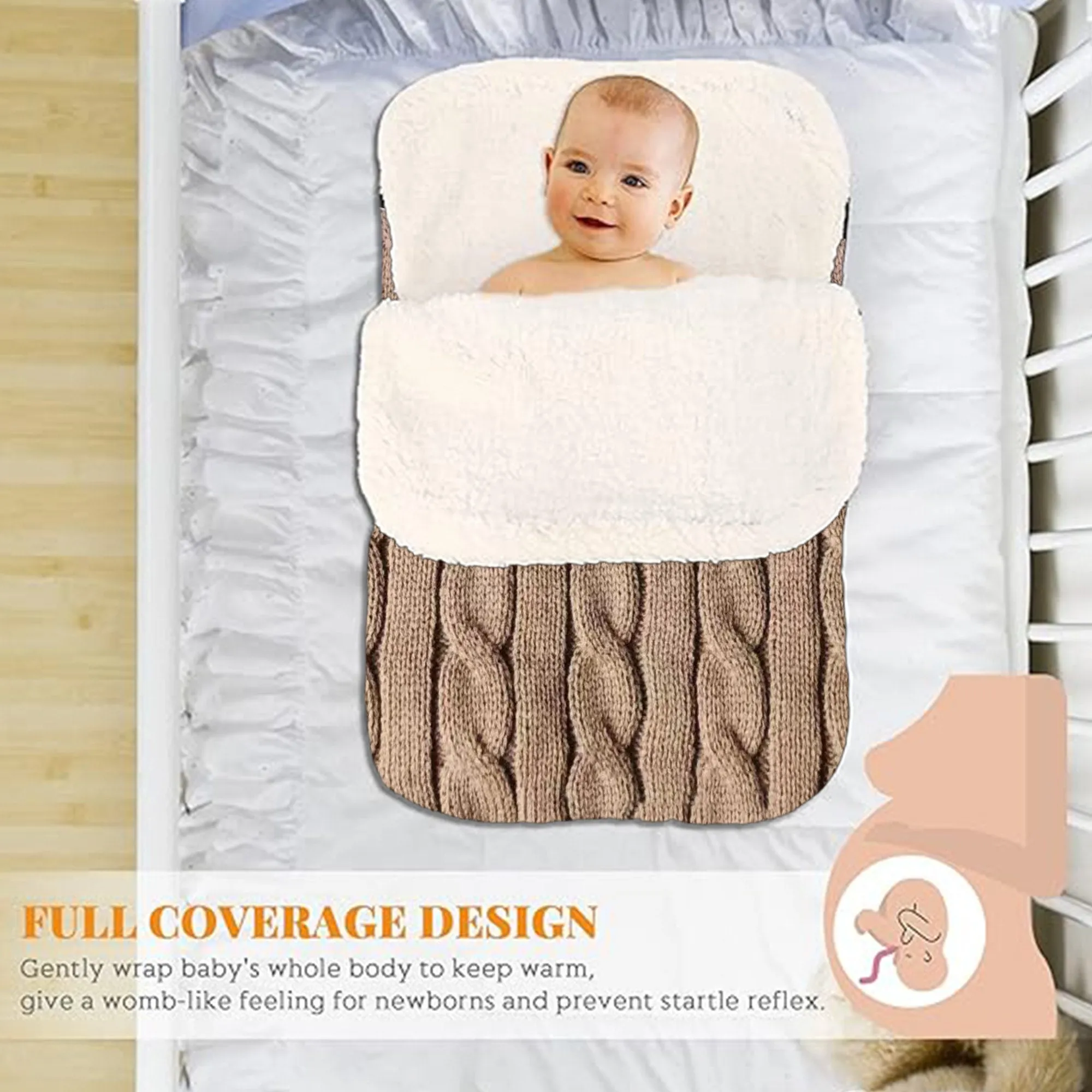 Babymoon Organic Knitted Woolen Fleece Swaddle Wrap | Baby Sleeping Bag | Brown