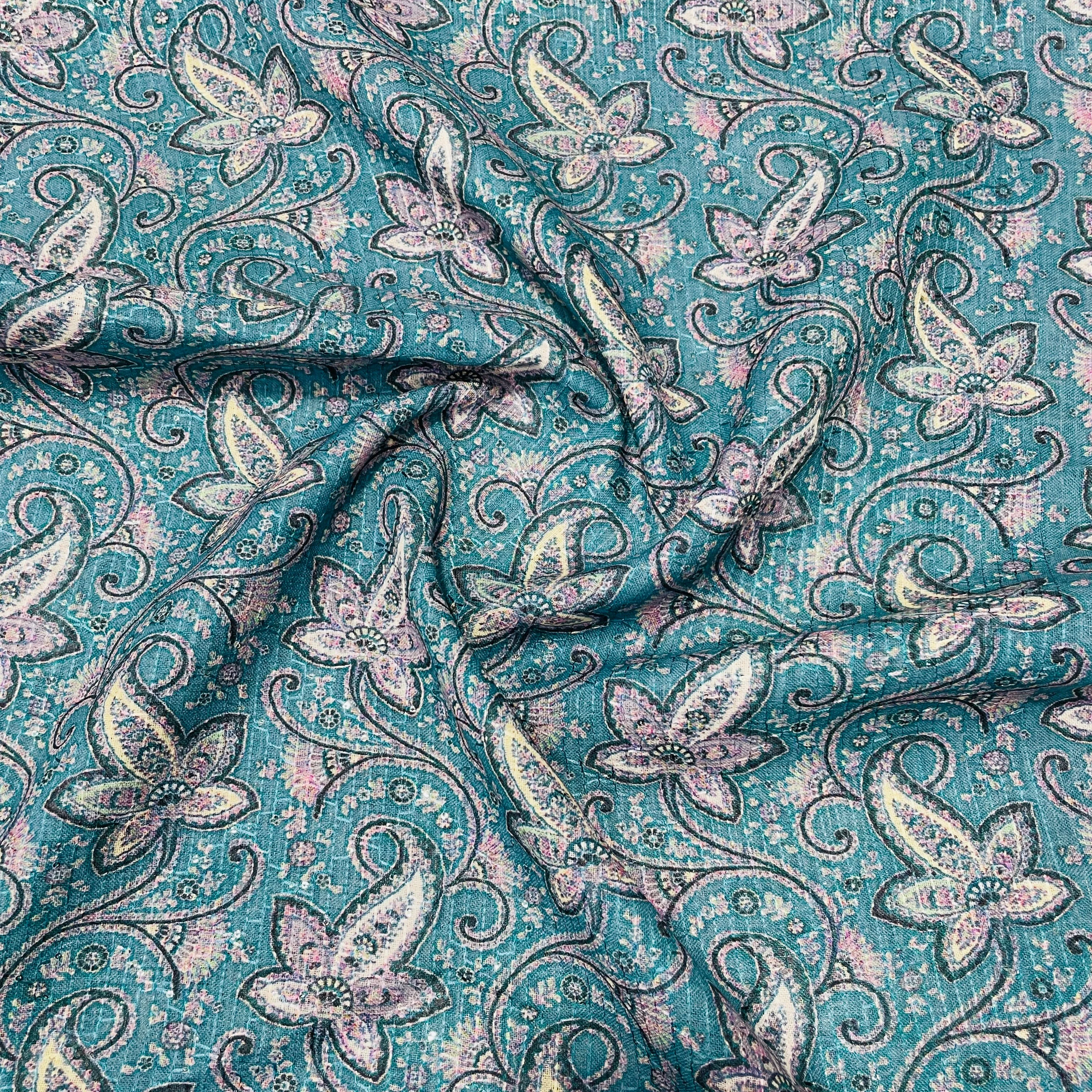 Blue Floral Print Sequins Embroidery Linen Fabric