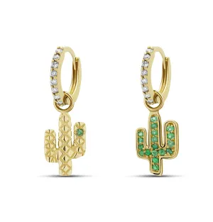 Cactus Emerald Diamond Huggies - 14 karat gold huggie earrings, diamond 0.22ct, emerald 0.3ct