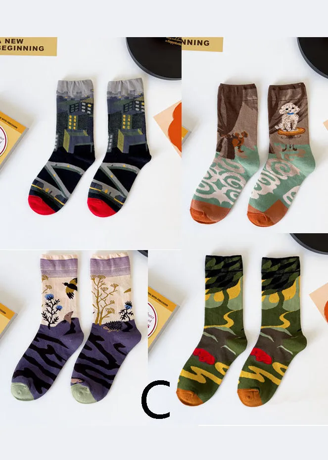 DIY retro Print Illustration Cotton Crew Socks