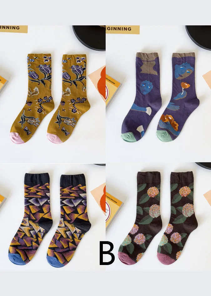 DIY retro Print Illustration Cotton Crew Socks