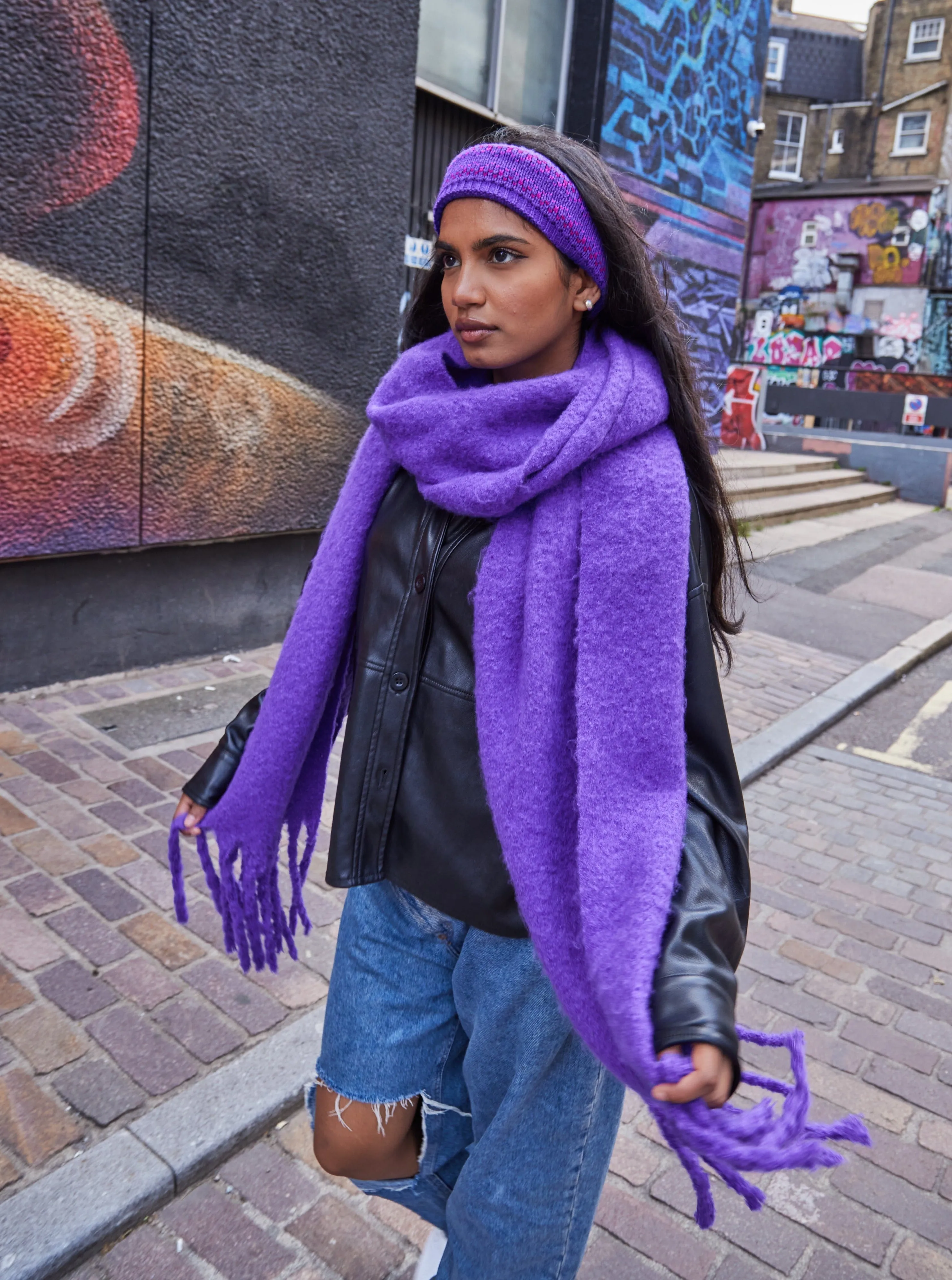 Fairisle Knitted Crochet Headband in Purple