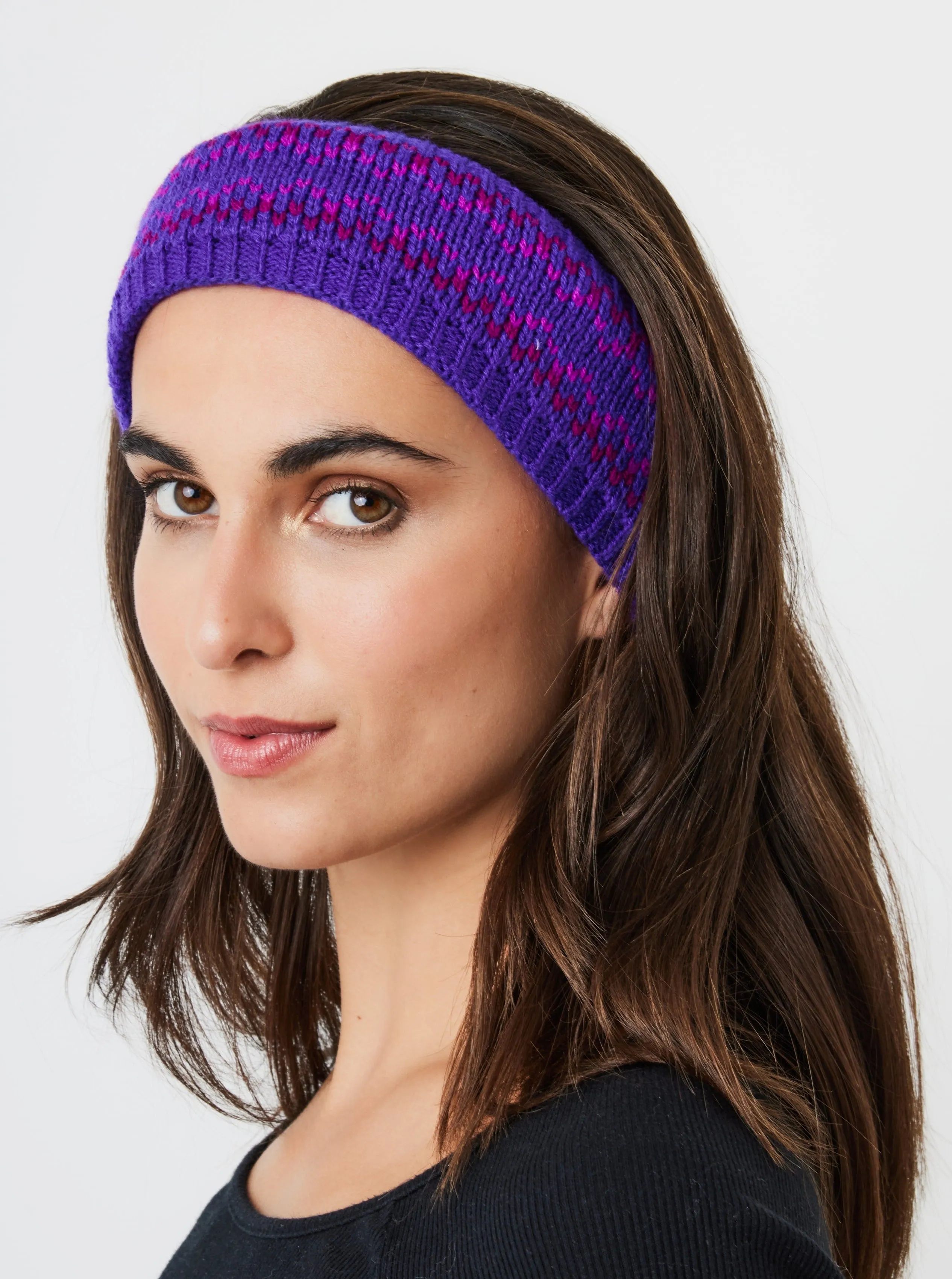 Fairisle Knitted Crochet Headband in Purple