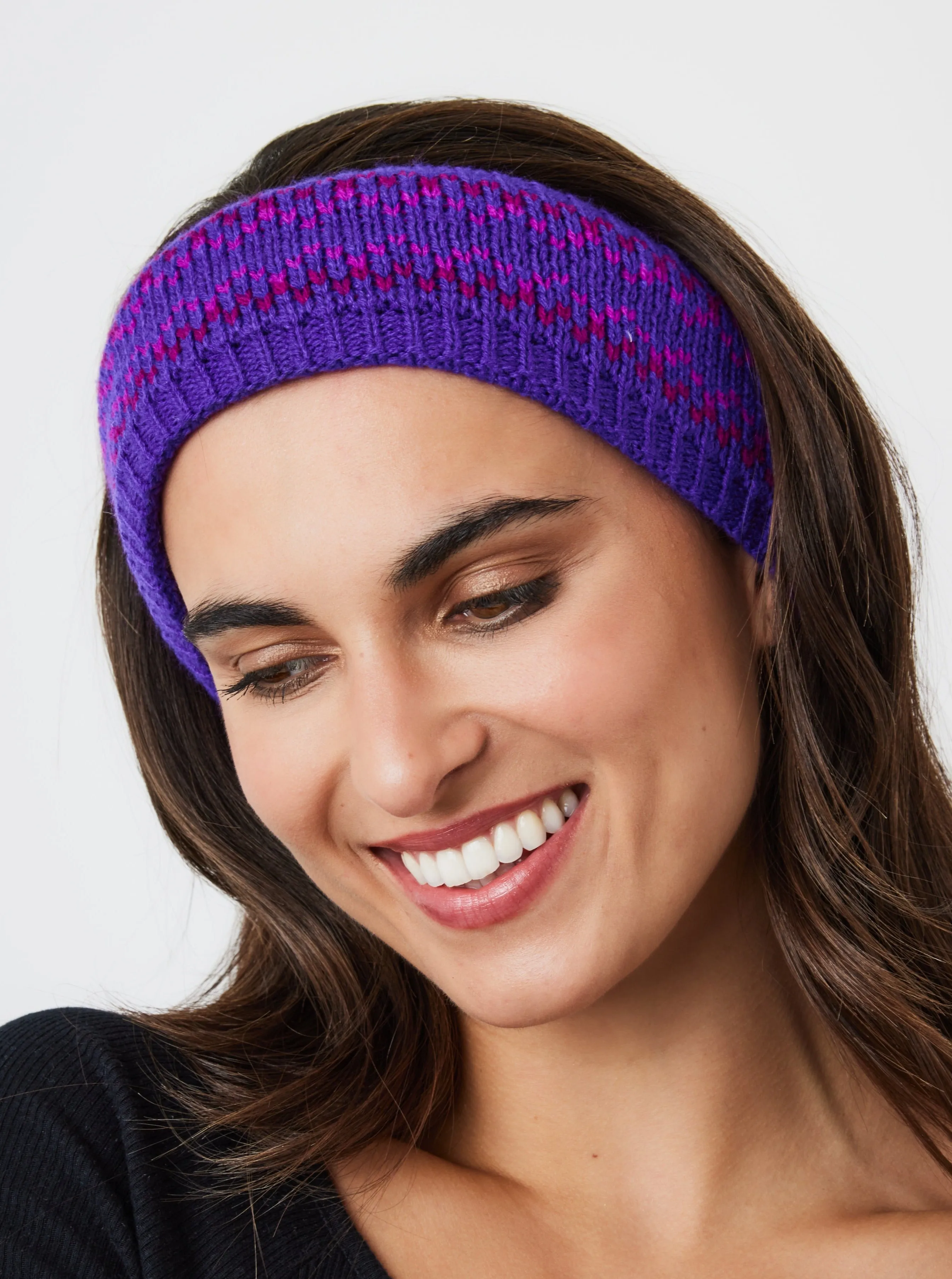 Fairisle Knitted Crochet Headband in Purple