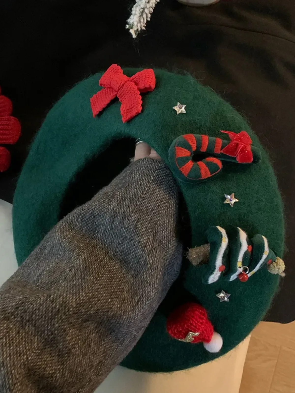 Festive Knit Christmas with Holiday Embellishments Beret