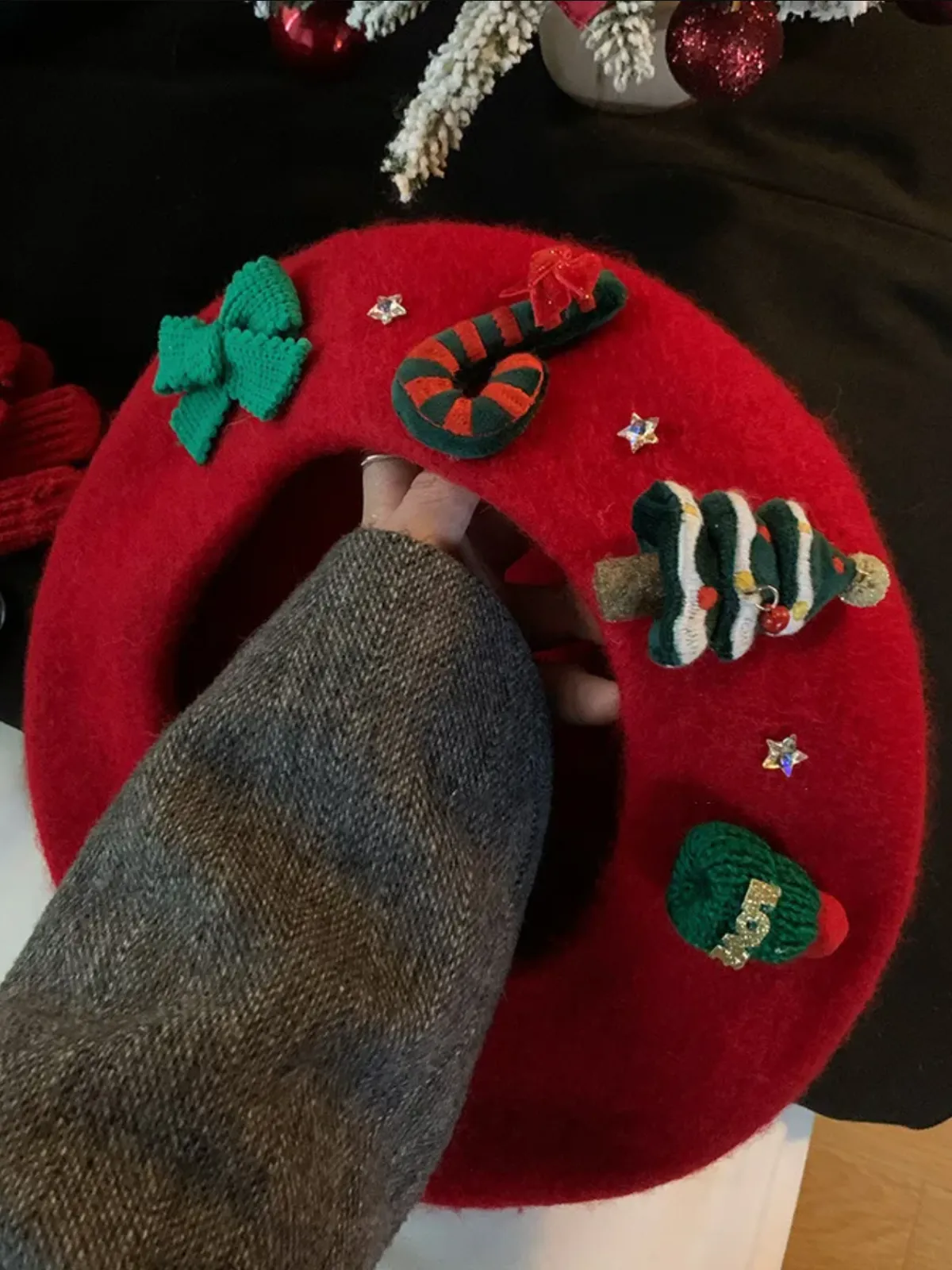 Festive Knit Christmas with Holiday Embellishments Beret