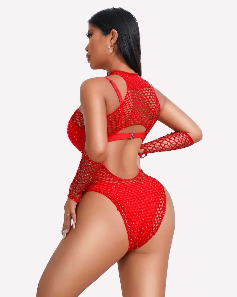 Fishnet Rhinestone Bodysuit Sparkle Mesh Teddy