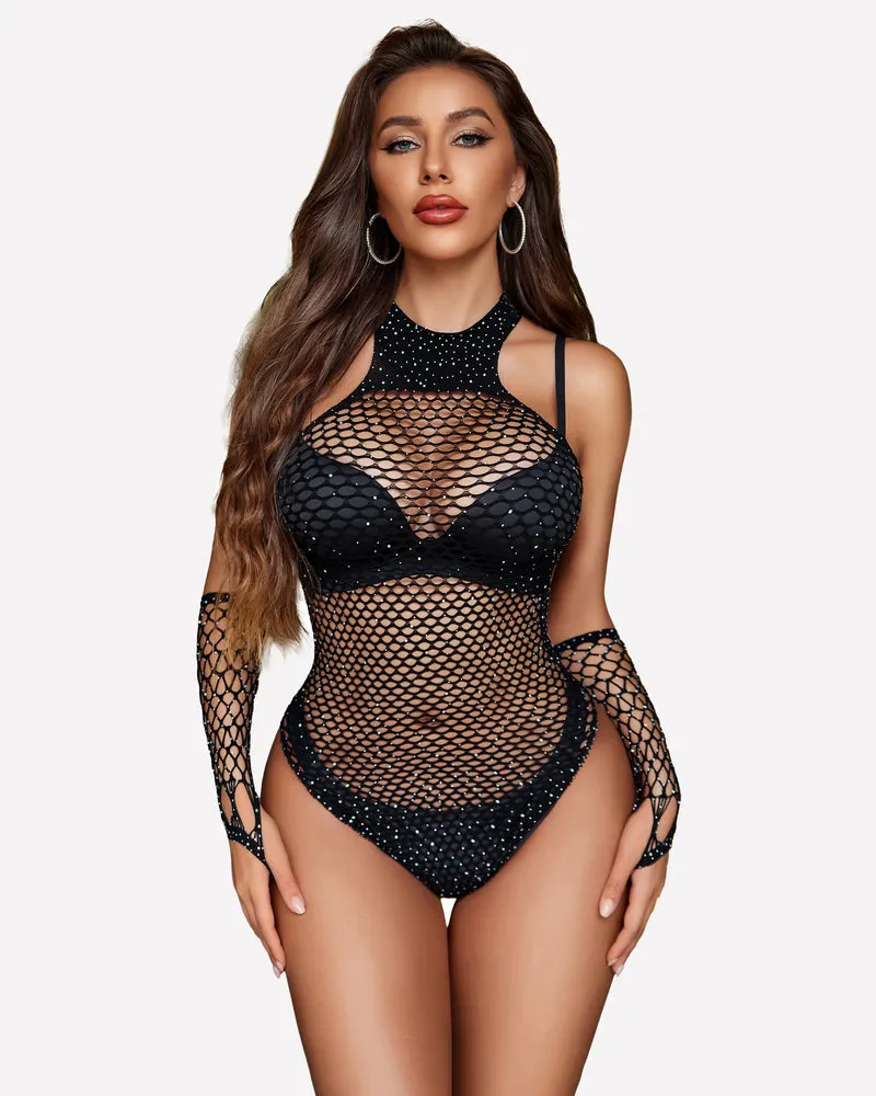 Fishnet Rhinestone Bodysuit Sparkle Mesh Teddy