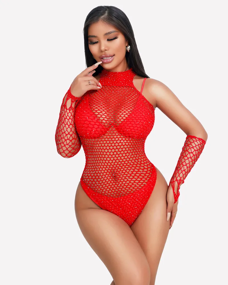 Fishnet Rhinestone Bodysuit Sparkle Mesh Teddy