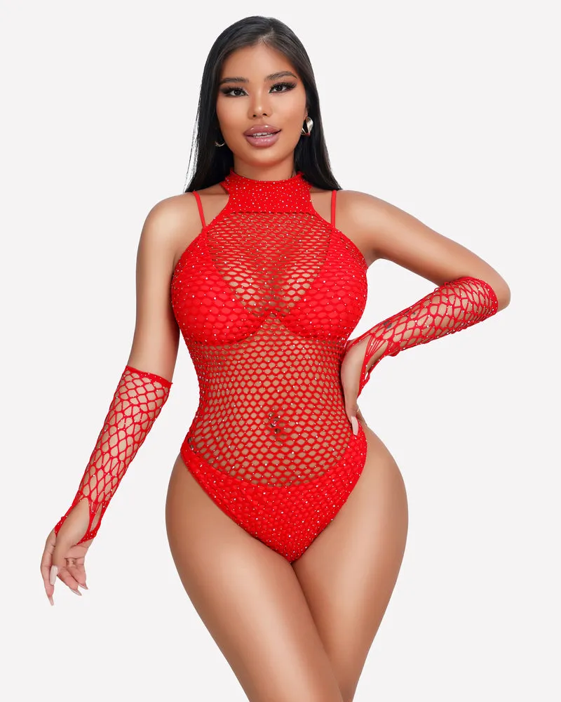 Fishnet Rhinestone Bodysuit Sparkle Mesh Teddy