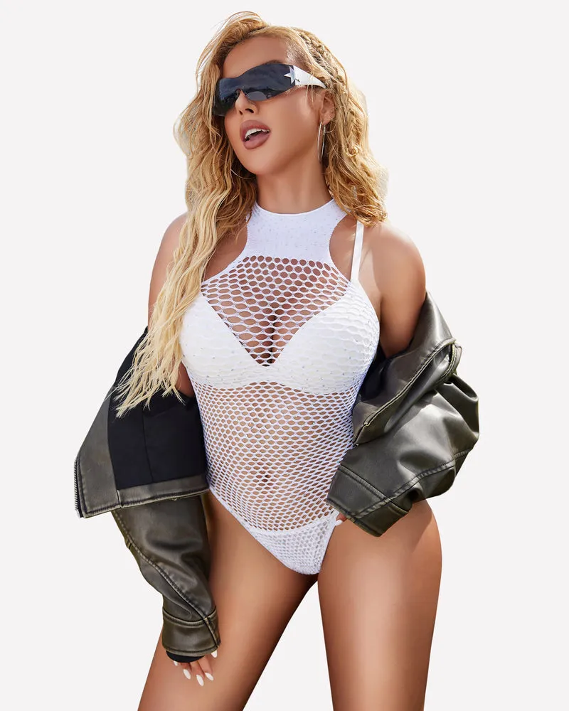 Fishnet Rhinestone Bodysuit Sparkle Mesh Teddy