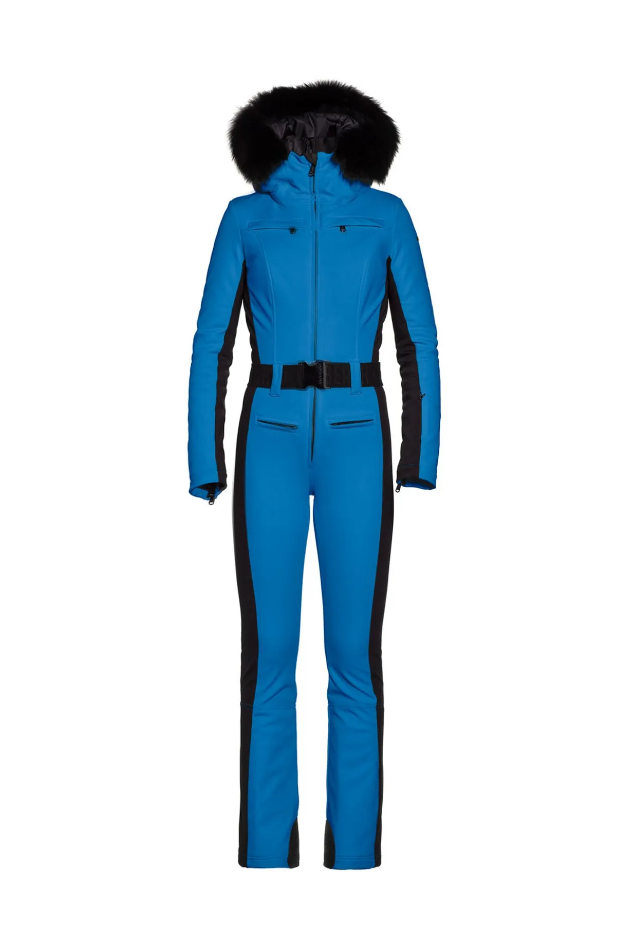 Goldbergh Parry One Piece Ski Suit in Electric Blue with Faux Fur Hood