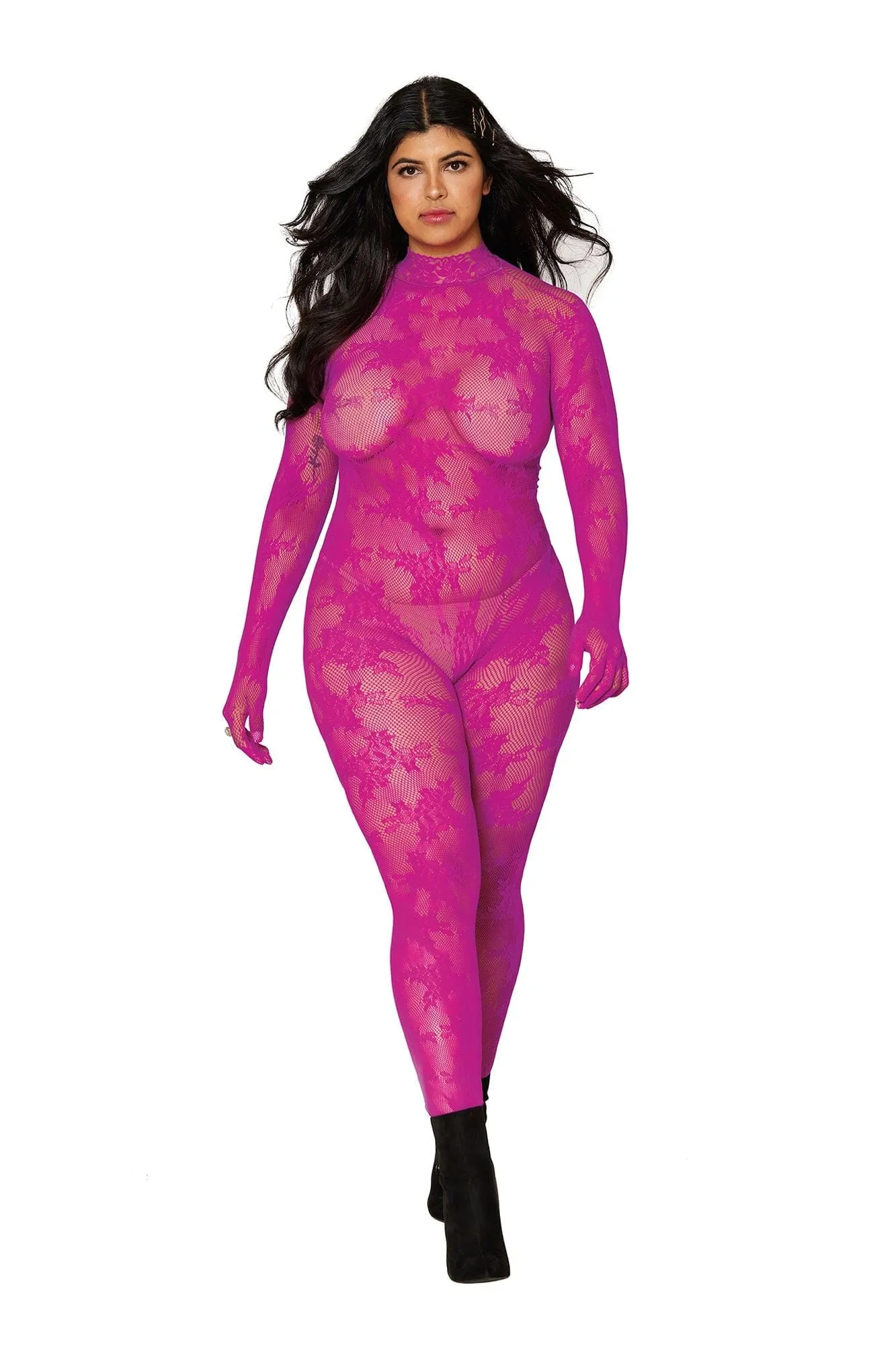 Hot Pink Lace Long Sleeve Bodystocking with Attached Gloves