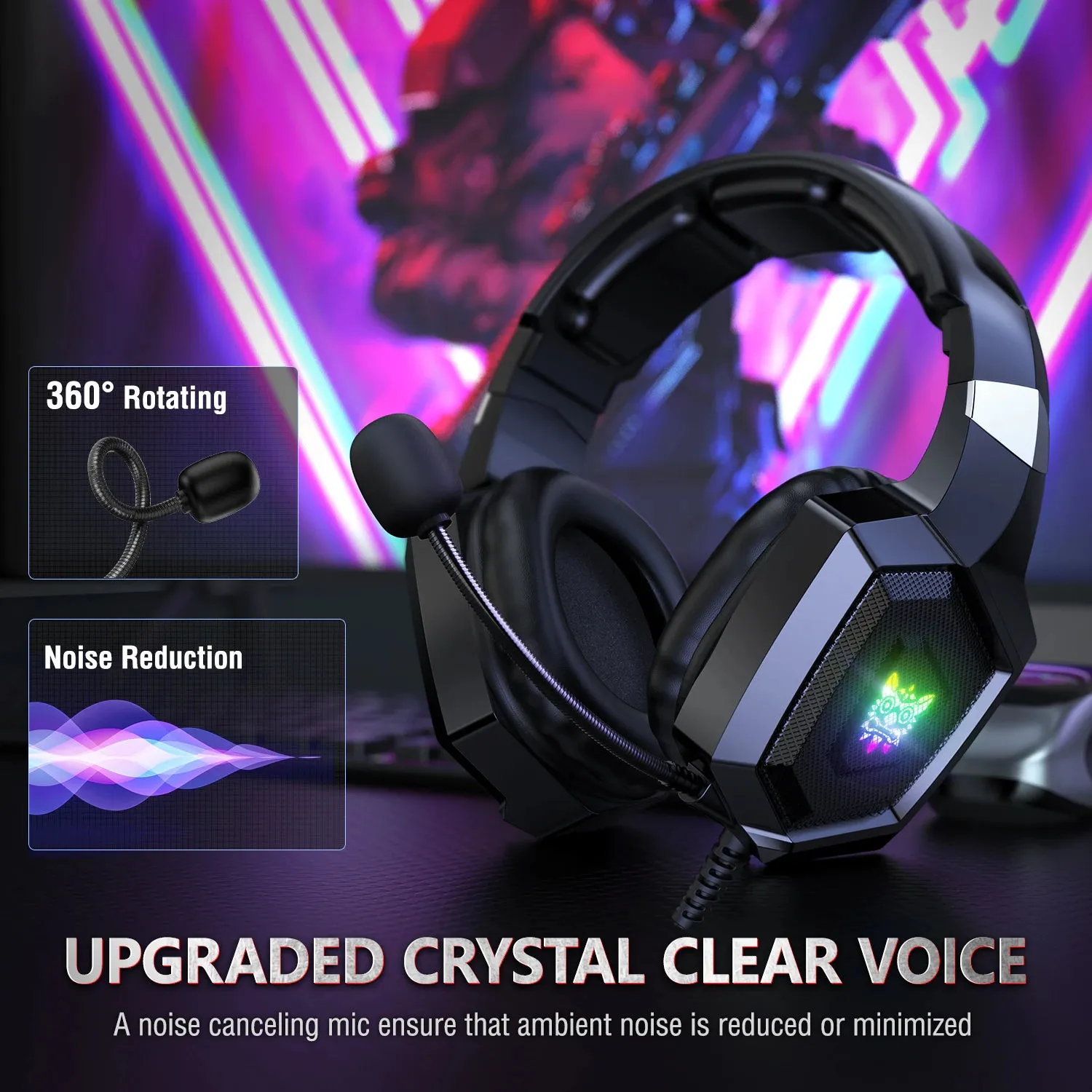 K8 Gaming Headphones with Flexible HD Mic RGB Light Surround Sound Over-Ear Wired Headset