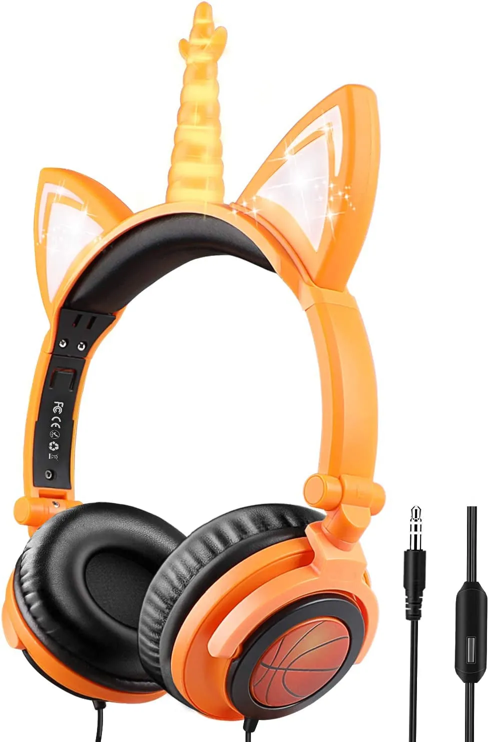 Kids Headphones, Cute Unicorn Cat Ear Headphones Foldable and Adjustable Safe Wired Kids on Ear Headphones for Girls, Teen, Adult (Orange)