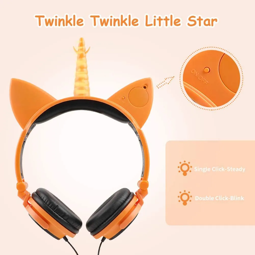 Kids Headphones, Cute Unicorn Cat Ear Headphones Foldable and Adjustable Safe Wired Kids on Ear Headphones for Girls, Teen, Adult (Orange)