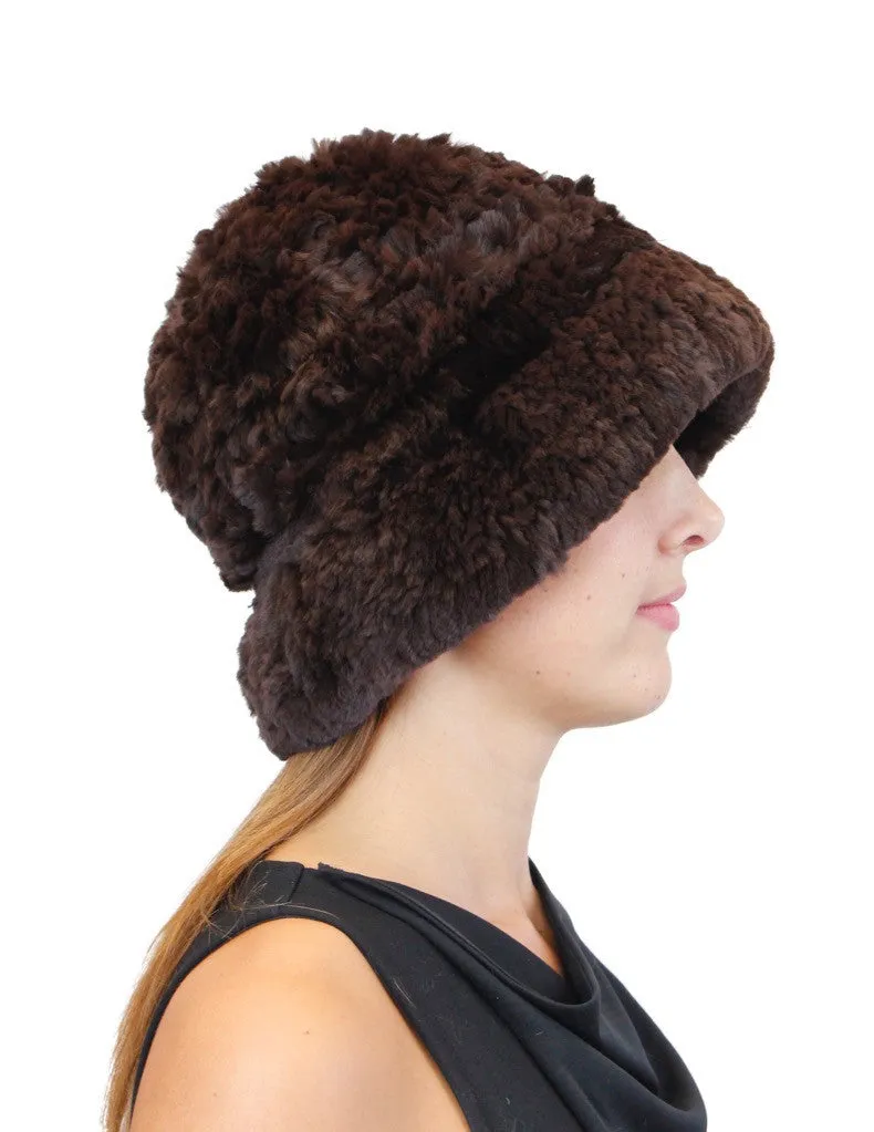 KNITTED REX RABBIT FUR HAT W/ ADJUSTABLE BRIM