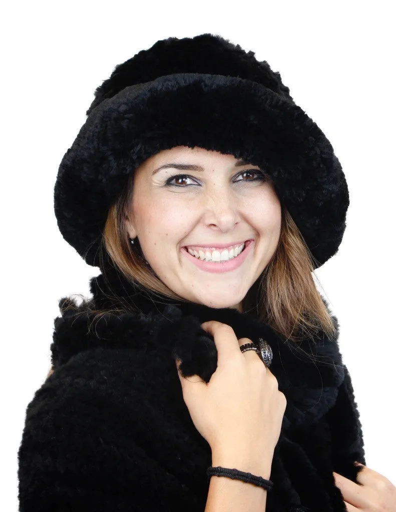 KNITTED REX RABBIT FUR HAT W/ ADJUSTABLE BRIM