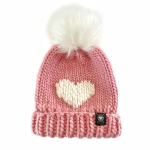 Luxury Big Heart Pom-Pom Beanie in Strawberry Milk