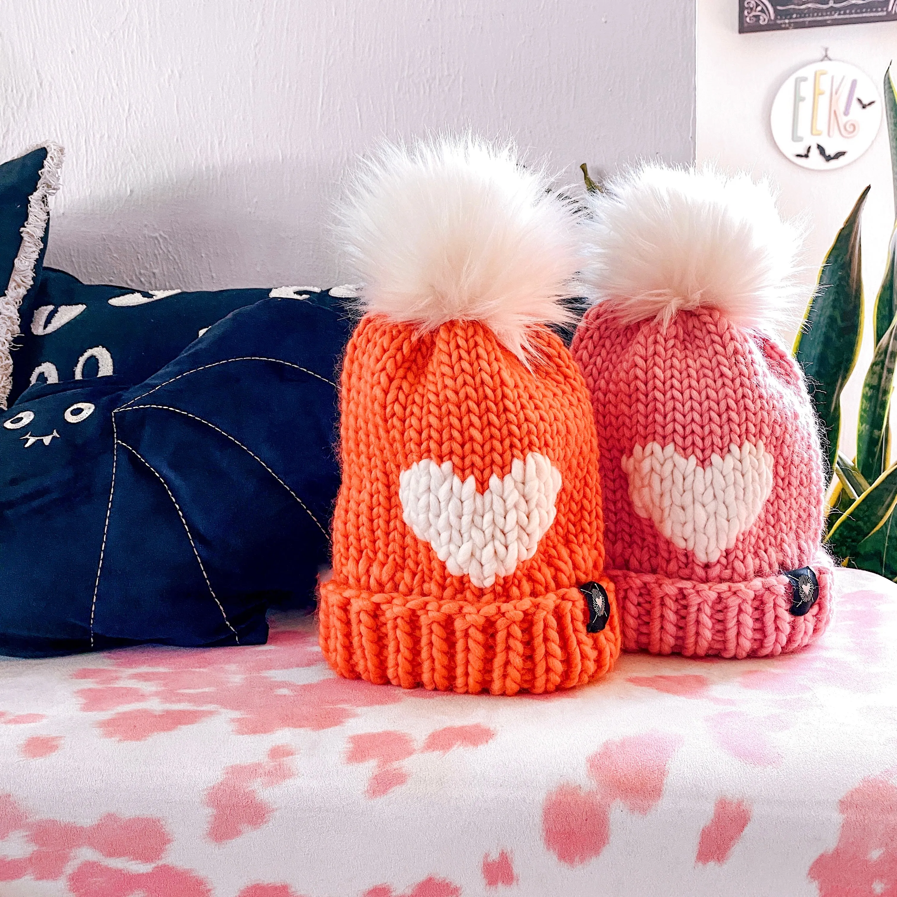 Luxury Big Heart Pom-Pom Beanie in Strawberry Milk