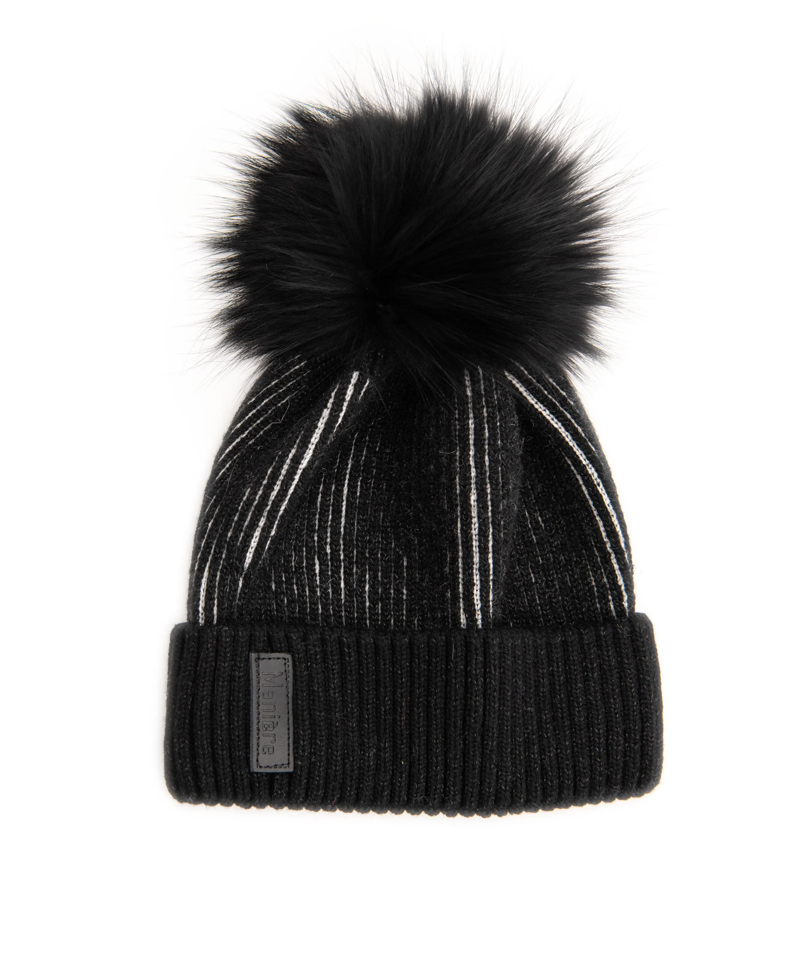 Maniere Black Ribbed Lurex Knit Hat With Black Pom