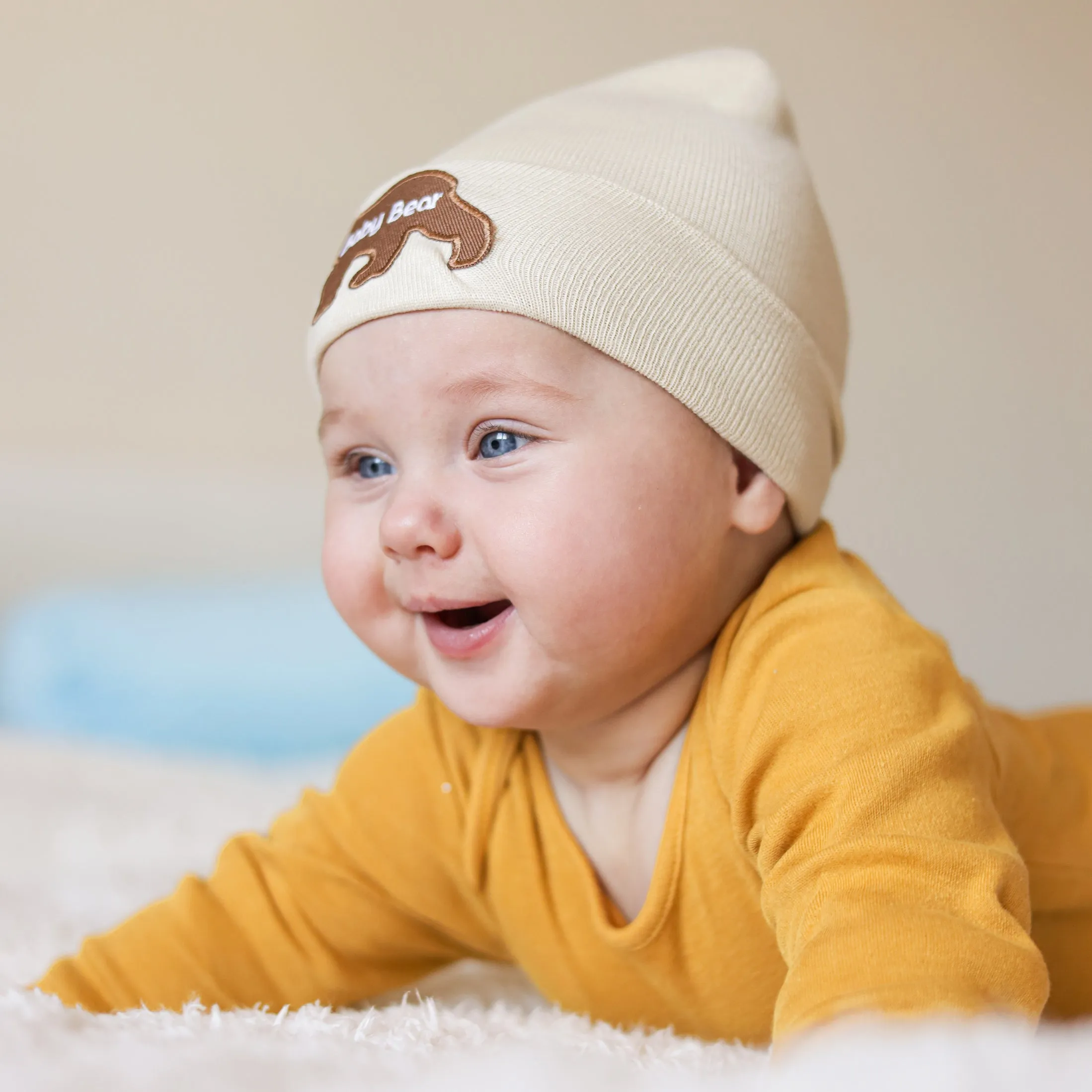 Oatmeal Brown Bear Patch Newborn Boy and Girl - Gender Neutral Hospital Hat - Oatmeal Hospital Hat Newborn Boy or Girl- Baby Bear