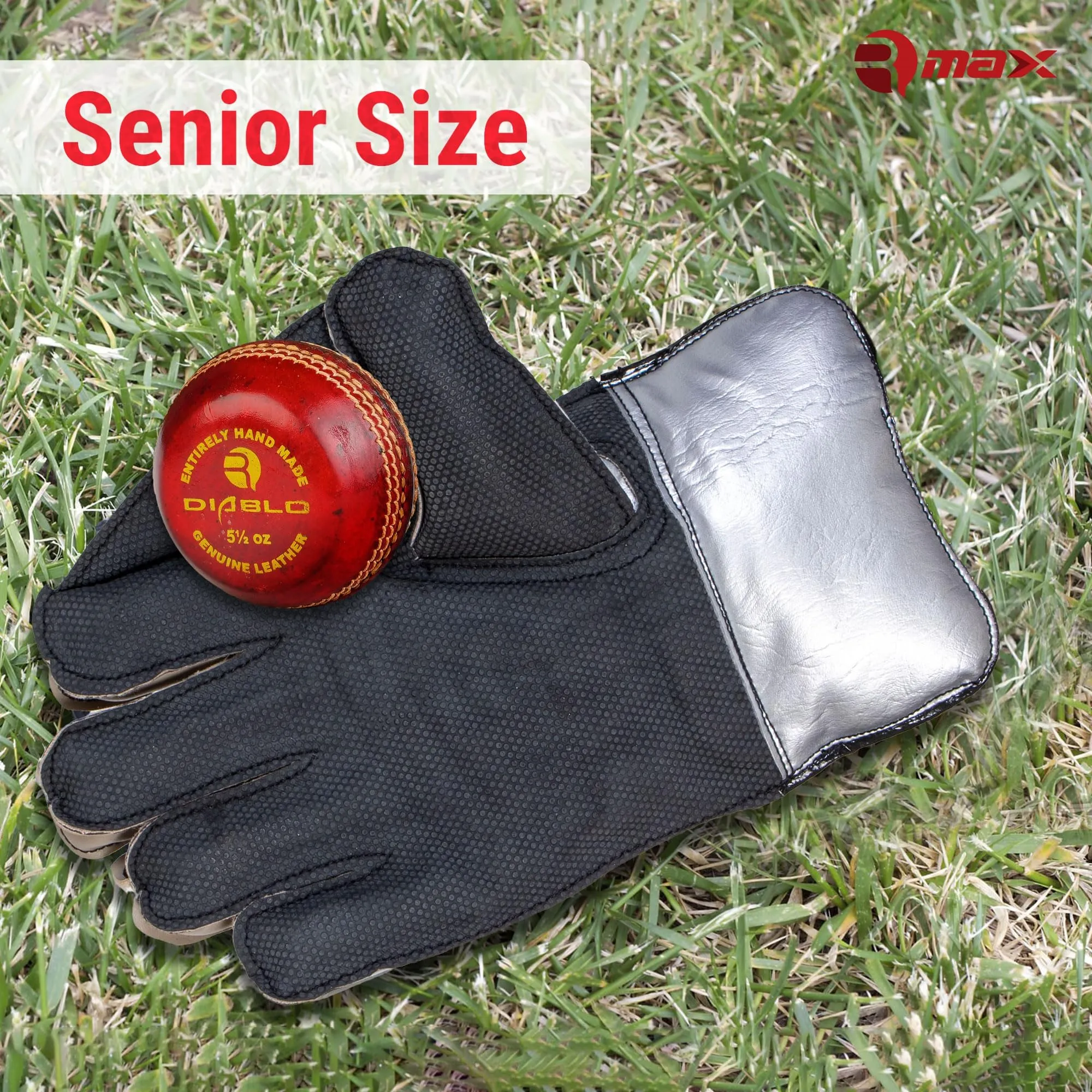 RMAX Rubber & PVC Cricket Wicket Keeping Gloves - Durable Construction, Superior Grip, High-Density Finger Protection, Ergonomic Design for Enhanced Flexibility and Comfort, (Senior)