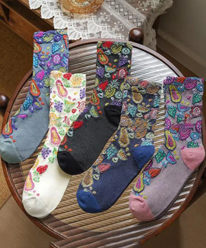 Stylish Fruit Theme Jacquard Cotton Crew Socks