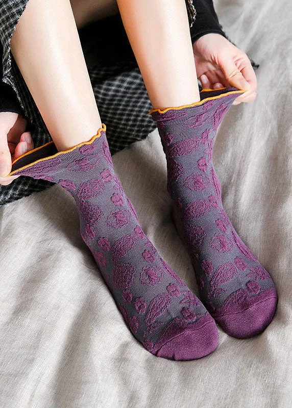 Vintage Plant flowers Jacquard Cotton Mid Calf Socks